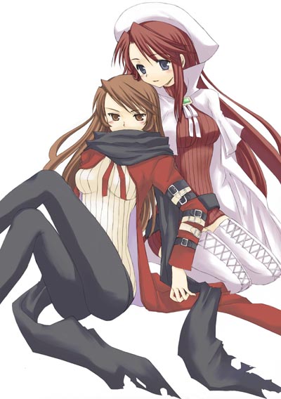 kuroboshi kouhaku, miyabi juri, aty, aty (summon night), hazel (summon night), summon night, summon night 3, 2girls, beret, blue eyes, blush, brown eyes, brown hair, cape, crossed legs, dress, hat, kneeling, long hair, multiple girls, pantyhose, red hair, scarf, short dress, sitting, strap, thighhighs, thighs, torn clothes, white thighhighs, zettai ryouiki