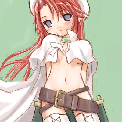 aty, aty (summon night), summon night, summon night 3, lowres, 1girl, arms behind back, belt, belt skirt, beret, blush, breasts, cape, female focus, hat, long hair, looking at viewer, midriff, navel, no bra, no panties, open clothes, open shirt, red hair, shirt, small breasts, solo, thighhighs, underboob, white thighhighs