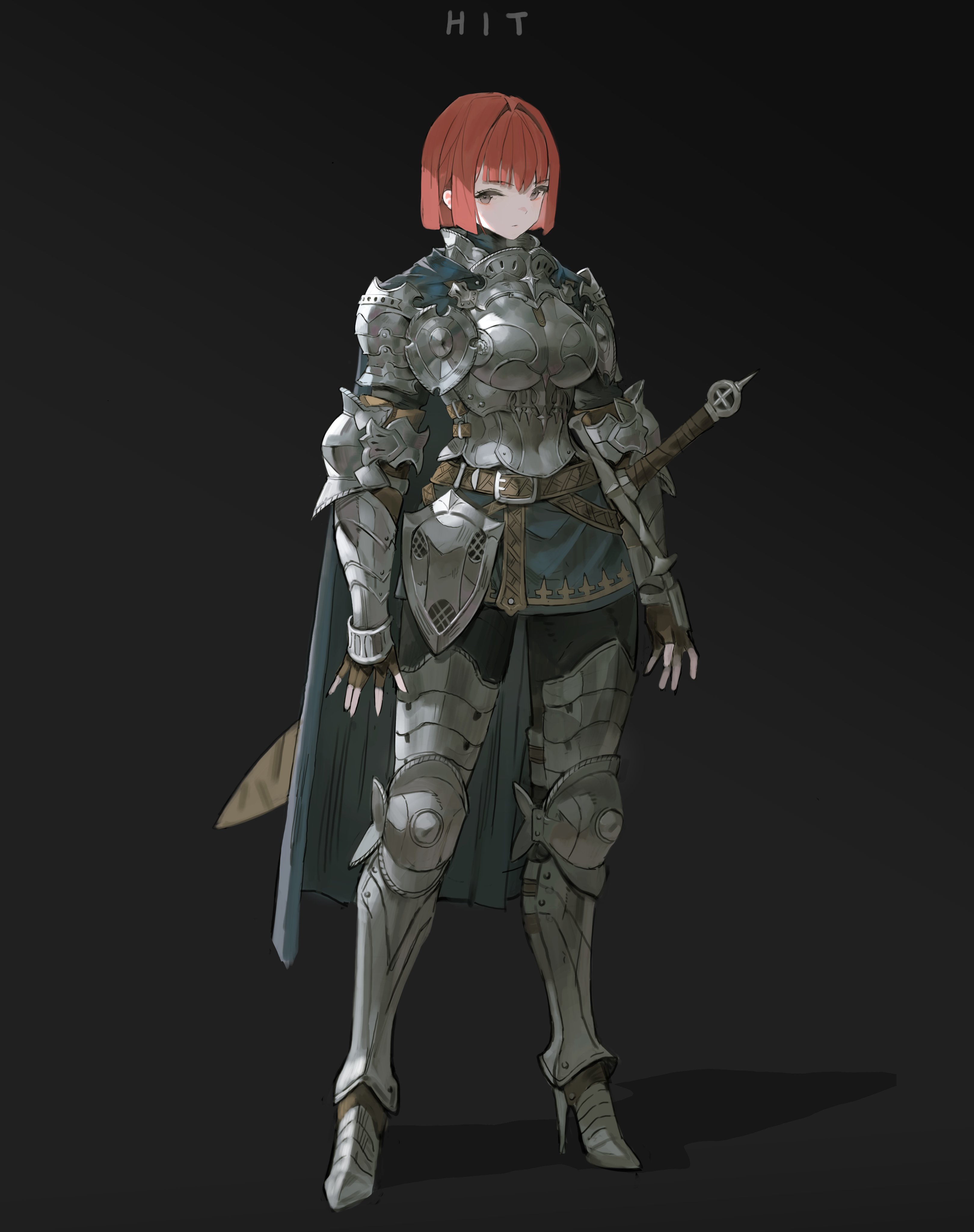 arowana2111, original, absurdres, commentary, english commentary, highres, 1girl, arm armor, armor, armored shoes, black bow, bow, brown gloves, fingerless gloves, full body, gloves, grey eyes, hair intakes, high heels, knight, leg armor, plate armor, sheath, sheathed, short hair, simple background, solo, standing, sword, weapon