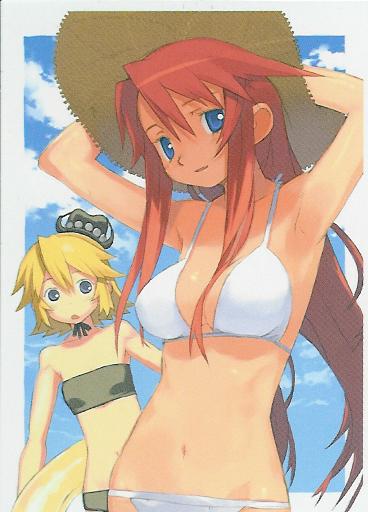 kuroboshi kouhaku, aty, aty (summon night), sonolar, summon night, summon night 3, 2girls, armpits, bandeau, beach, bikini, blonde hair, blue eyes, day, flat chest, hat, innertube, long hair, lowleg, lowleg bikini, midriff, multiple girls, red hair, short hair, smile, strapless, string bikini, swim ring, swimsuit, tube top, white bikini