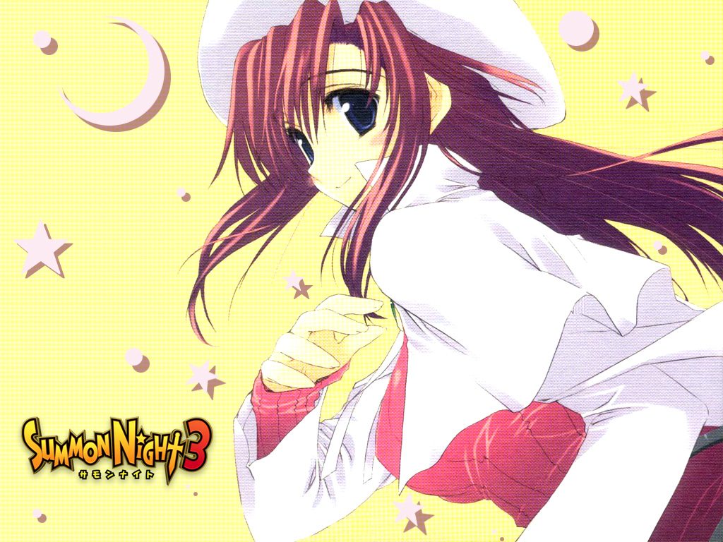aty, aty (summon night), summon night, summon night 3, 1girl, beret, blue eyes, blush, cape, crescent, crescent moon, female focus, hat, long hair, moon, red hair, smile, solo, star (symbol), star symbol background