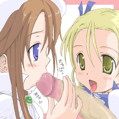 aliese martini, aty (summon night), summon night, summon night 3, lowres, 2girls, beret, blonde hair, blue eyes, blush, brown hair, censored, cooperative fellatio, disembodied penis, fellatio, group sex, hat, hetero, loli, long hair, mosaic censoring, multiple girls, oekaki, oral, penis, saliva, teamwork, teamwork (sexual), tongue, yellow eyes