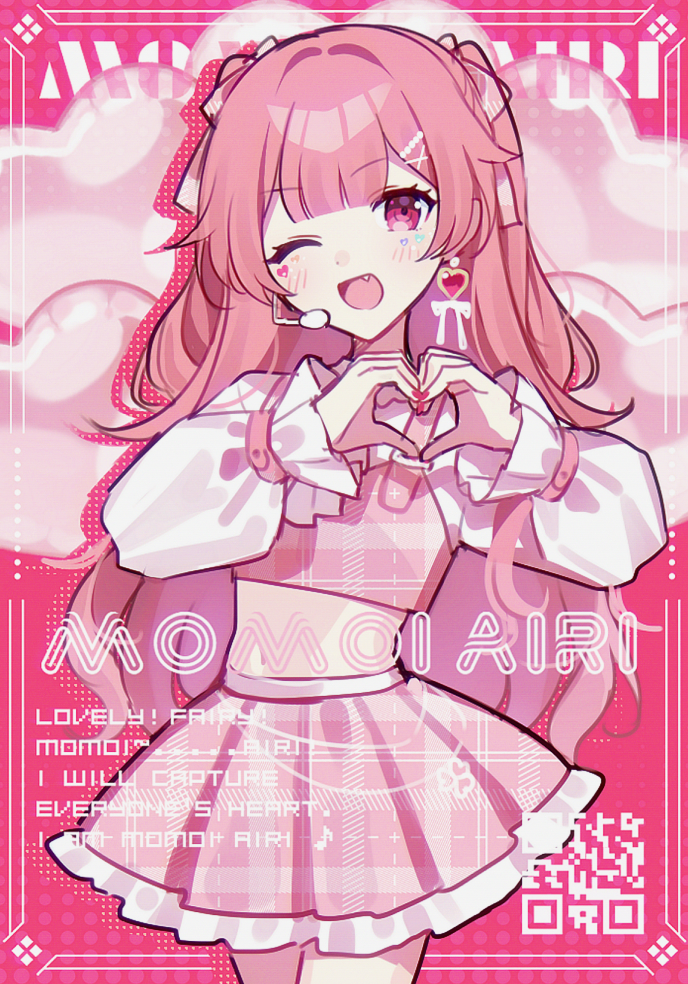 waka (wk4444), momoi airi, project sekai, commentary request, highres, 1girl, ;d, balloon, blush, bow, bow earrings, cowboy shot, earrings, english text, fang, frilled skirt, frills, hair ornament, hairclip, headset, heart, heart balloon, heart earrings, heart hands, himekaji, idol, jewelry, long hair, long sleeves, looking at viewer, microphone, one eye closed, open mouth, pink hair, pink ribbon, pink shirt, pink skirt, pink theme, qr code, ribbon, shirt, sidelocks, skirt, smile, solo, two side up, very long hair, white sleeves