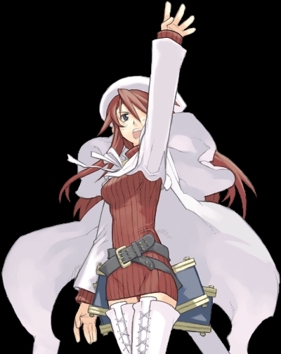 kuroboshi kouhaku, aty, aty (summon night), summon night, summon night 3, 1girl, arm up, belt, belt skirt, belted skirt, black background, blue eyes, boots, cape, dress, female focus, hair over one eye, long hair, microskirt, miniskirt, open mouth, outstretched arm, outstretched hand, reaching, red hair, simple background, skirt, solo, thigh boots, thighhighs, turtleneck, white thighhighs, zettai ryouiki