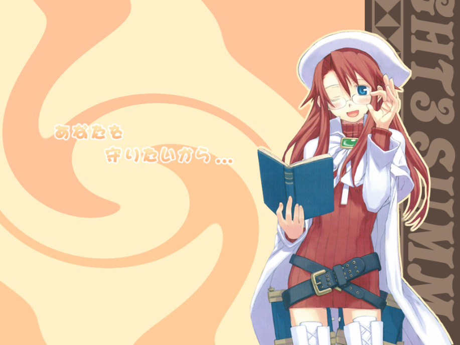 kuroboshi kouhaku, aty, aty (summon night), summon night, summon night 3, translated, 1girl, adjusting eyewear, belt, belt skirt, belted skirt, beret, blue eyes, blush, book, brooch, cape, dress, female focus, glasses, hat, jewelry, long hair, one eye closed, open book, red hair, solo, thighhighs, turtleneck, white thighhighs, zettai ryouiki