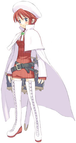 kuroboshi kouhaku, aty, aty (summon night), summon night, summon night 3, lowres, 1girl, belt, belt skirt, belted skirt, beret, blush, boots, brooch, cape, dress, female focus, hat, jewelry, lace-up boots, miniskirt, red hair, simple background, skirt, solo, thigh boots, thighhighs, white background, white boots, white thighhighs, zettai ryouiki