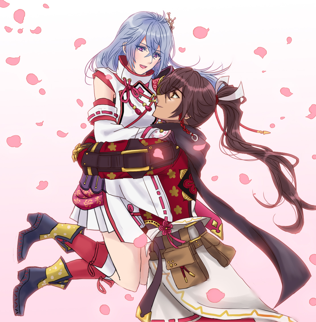kaguya (rune factory), rune factory, rune factory: guardians of azuma, armor, black scarf, brown hair, carrying, carrying person, fingerless gloves, gloves, hair ornament, japanese armor, japanese clothes, orange eyes, ponytail, purple eyes, scarf, skirt, starlottex, subaru (rune factory), tan, tassel, tassel hair ornament, white hair