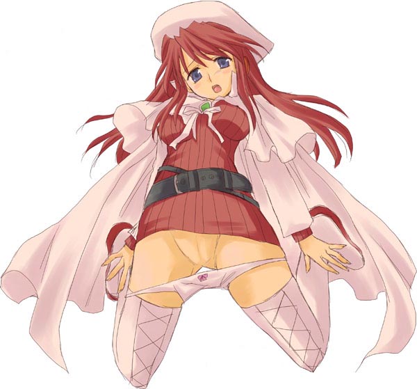 aty, aty (summon night), summon night, summon night 3, 1girl, belt, belt skirt, boots, bow, bow panties, female focus, panties, panty pull, pink panties, pussy, solo, thigh boots, thighhighs, uncensored, underwear, white boots