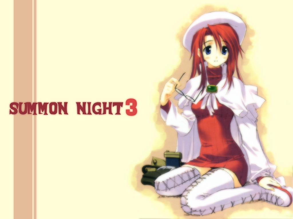kuroboshi kouhaku, aty, aty (summon night), summon night, summon night 3, 1girl, beret, blue eyes, blush, boots, brooch, cape, dress, female focus, glasses, hat, holding, holding removed eyewear, jewelry, lace-up boots, long hair, red hair, sitting, smile, solo, thigh boots, thighhighs, turtleneck, unworn eyewear, wariza, white boots, white thighhighs, zettai ryouiki