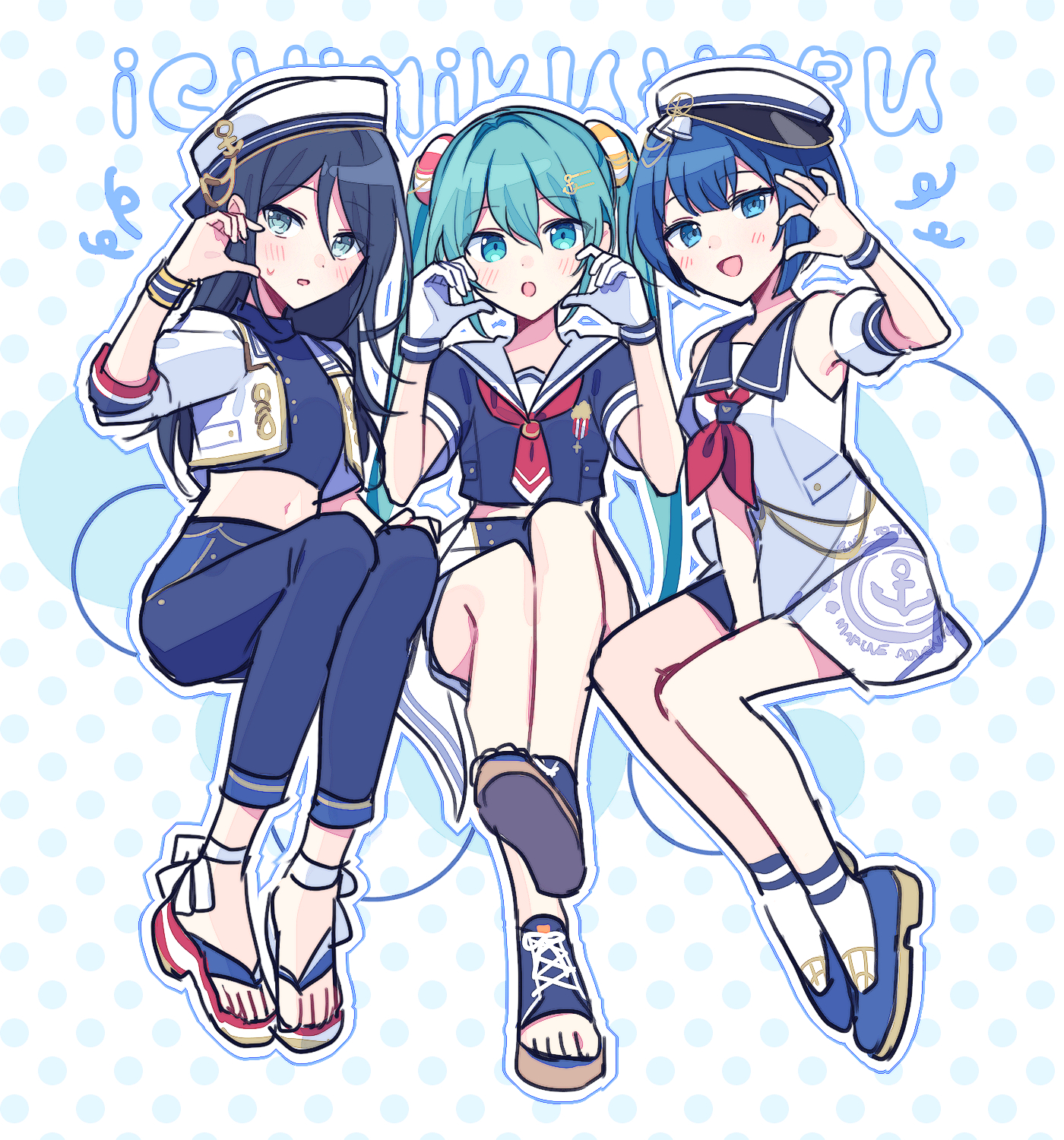 waka (wk4444), hatsune miku, hoshino ichika (project sekai), kiritani haruka, more more jump! miku, project sekai, vocaloid, commentary request, highres, 3girls, blue eyes, blue hair, blue pants, blue sandals, blue shirt, blue shoes, blush, dress, funade no mae no one day trip (project sekai), gloves, hair ornament, hairclip, hat, invisible chair, midriff, multiple girls, neckerchief, necktie, official alternate costume, open-toe shoes, pants, peaked cap, red neckerchief, red necktie, sailor collar, sailor dress, sailor hat, sailor shirt, sandals, shirt, shoes, short hair, short shorts, shorts, sitting, socks, twintails, white gloves, white sailor collar, white socks