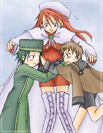 aty, aty (summon night), nup, nup martini, will, will (summon night), will martini, summon night, summon night 3, cross-laced footwear, white footwear, lowres, 1girl, 2boys, boots, brown hair, child, coat, dress, green hair, hat, hug, long hair, multiple boys, oekaki, open mouth, poorly drawn, red hair, short dress, smile, sweatdrop, thigh boots, thigh gap, thighhighs, thighs, trench coat, white thighhighs, zettai ryouiki