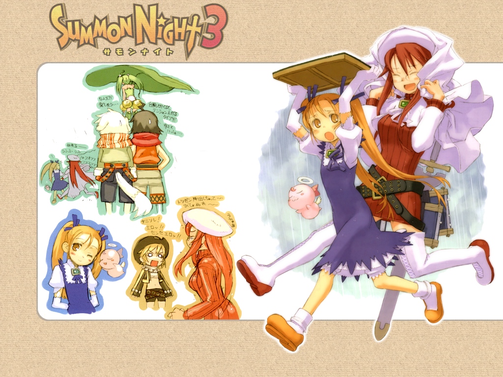 kuroboshi kouhaku, aliese martini, aty (summon night), marurur, panashe, sonolar, subaru (summon night), summon night, summon night 3, white footwear, 2boys, 4girls, belt, belt skirt, beret, blonde hair, book, boots, dress, glasses, hat, long hair, multiple boys, multiple girls, red hair, thigh boots, thighhighs, twintails, white thighhighs, yellow eyes