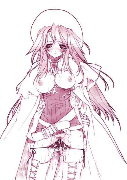 miwa yoshikazu, aty, aty (summon night), summon night, summon night 3, 1girl, belt, belt skirt, beret, blush, breasts, cape, censored, dress, female focus, hat, jewelry, large breasts, long hair, monochrome, mosaic censoring, panties, panty pull, pussy, pussy juice, short dress, side-tie panties, solo, sweat, thighhighs, torn clothes, underwear