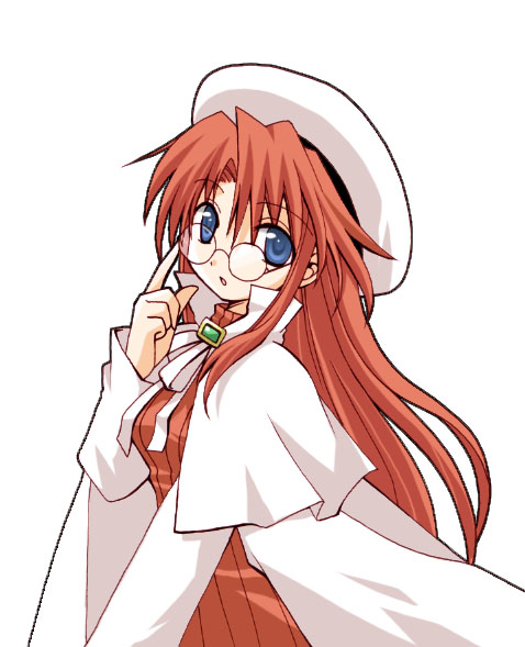 aty, aty (summon night), summon night, summon night 3, striped, 1girl, :o, adjusting eyewear, beret, blue eyes, cloak, female focus, glasses, hat, long hair, looking at viewer, open mouth, pink hair, simple background, solo, turtleneck, white background