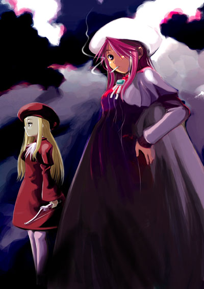aty (summon night), belfraw martini, summon night, summon night 3, 2girls, beret, blonde hair, bow (weapon), cigarette, cloud, dress, hair over one eye, hand on own hip, hat, hip focus, long hair, long sleeves, multiple girls, pantyhose, pink hair, sky, smoking, weapon, white pantyhose