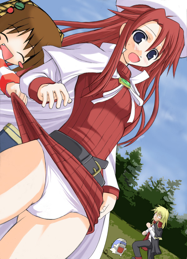 akino hamo, aty, aty (summon night), kyle (summon night), waha, yamato suzuran, suigetsu, summon night, summon night 3, third-party edit, 1boy, 2girls, ^ ^, assisted exposure, belt, beret, blonde hair, blue eyes, blush, brown hair, cape, closed eyes, clothes lift, day, dress, dress lift, dutch angle, fang, forced, happy, hat, multiple girls, open mouth, outdoors, panties, public indecency, red hair, smile, standing, surprised, surprised arms, underwear, undressing, waha skirt lift, white panties