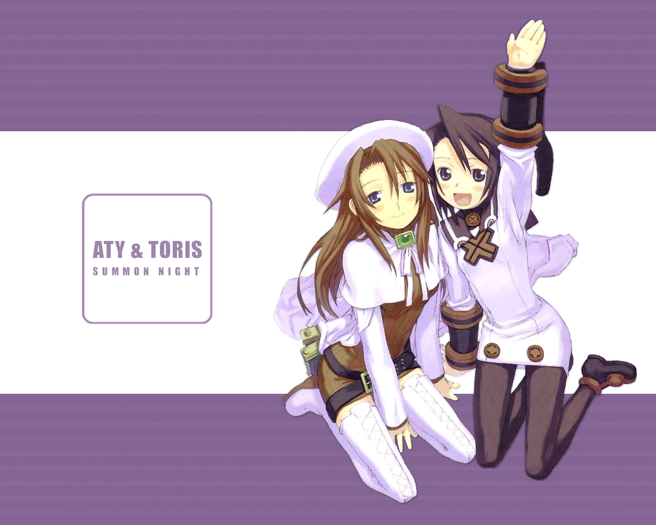 kuroboshi kouhaku, aty, aty (summon night), toris, summon night, summon night 2, summon night 3, white footwear, 2girls, belt, beret, black hair, blue eyes, blush, boots, brooch, cape, character name, copyright name, dress, hat, jewelry, kneehighs, long hair, multiple girls, pantyhose, red hair, short dress, short hair, smile, socks, thigh boots, thighhighs, waving, white thighhighs, zettai ryouiki