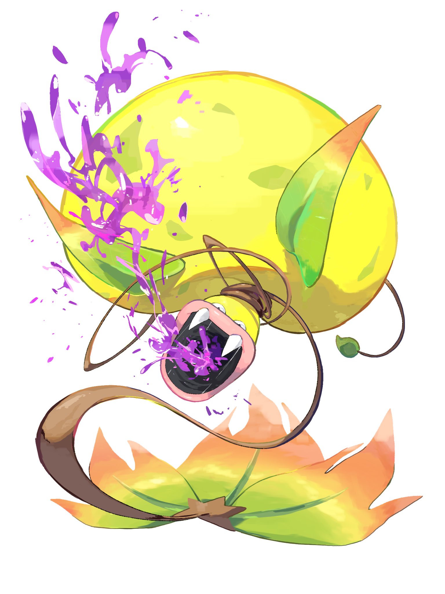 samugohan3658, mega victreebel, nintendo, pokemon, pokemon legends: z-a, commentary, highres, colored skin, fangs, full body, incoming attack, leaf, looking at viewer, mega pokemon, open mouth, plant, plant monster, poison, pokemon (creature), pokemon focus, simple background, vines, white background, yellow skin
