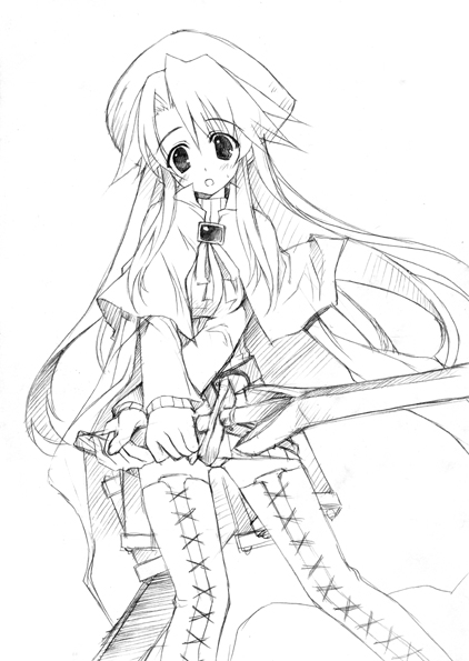 yuuki hagure, aty, aty (summon night), summon night, summon night 3, traditional media, 1girl, :o, belt, blush, boots, brooch, cape, dress, female focus, greyscale, hat, holding, holding sword, holding weapon, jewelry, lace-up boots, long hair, looking at viewer, miniskirt, monochrome, open mouth, panties, short dress, sketch, skirt, solo, sword, thigh boots, thighhighs, underwear, weapon, zettai ryouiki