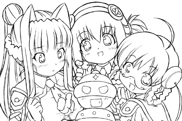 girutaabo, koharuno silk, moroboshi tsubomi, ufoman, ultimate girl, uniform, 00s, 3girls, ahoge, animal ears, fang, glasses, greyscale, hair ornament, humanoid robot, monochrome, multiple girls, necktie, open mouth, ponytail, robot