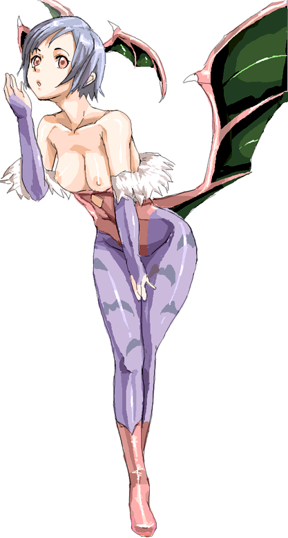 star (starpage), lilith (darkstalkers), capcom, darkstalkers, 1girl, :o, animal print, bare shoulders, bat print, bat wings, breasts, demon girl, female focus, head wings, legs, leotard, medium breasts, nipples, open mouth, pantyhose, print pantyhose, purple pantyhose, red leotard, short hair, simple background, solo, thighs, white background, wings