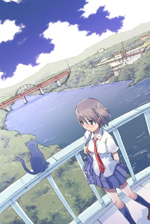 takeda sun, original, 1girl, animal, arm behind back, bag, black socks, blush, bridge, brown eyes, brown hair, cat, cloud, day, female focus, hair ornament, hairclip, kneehighs, necktie, outdoors, pleated skirt, railing, red necktie, river, school bag, school uniform, serafuku, shadow, short hair, skirt, sky, socks, solo, water