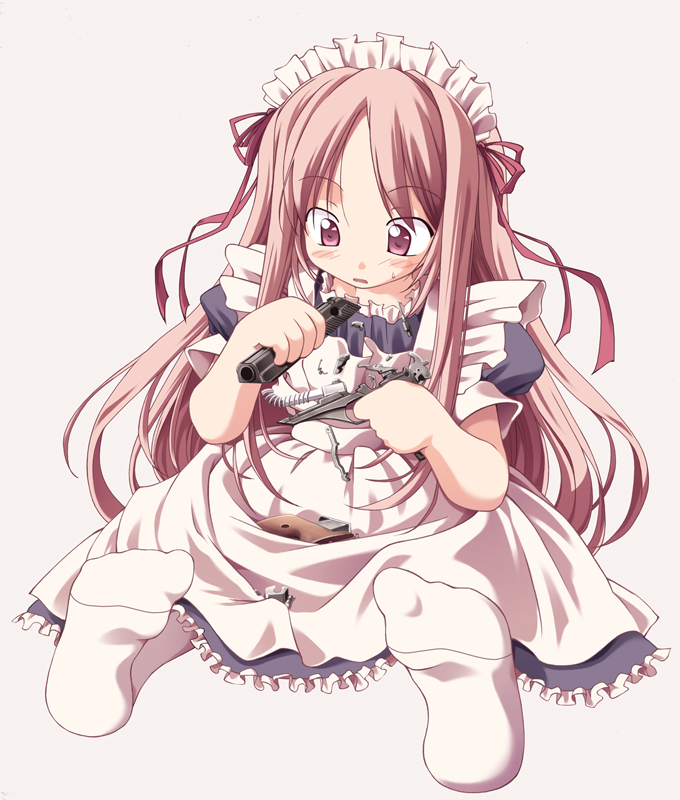 geisya, original, 1girl, blush, breaking, disassembly, female focus, gun, handgun, long hair, maid, maid headdress, pink eyes, pink hair, pistol, sitting, socks, solo, weapon, white socks