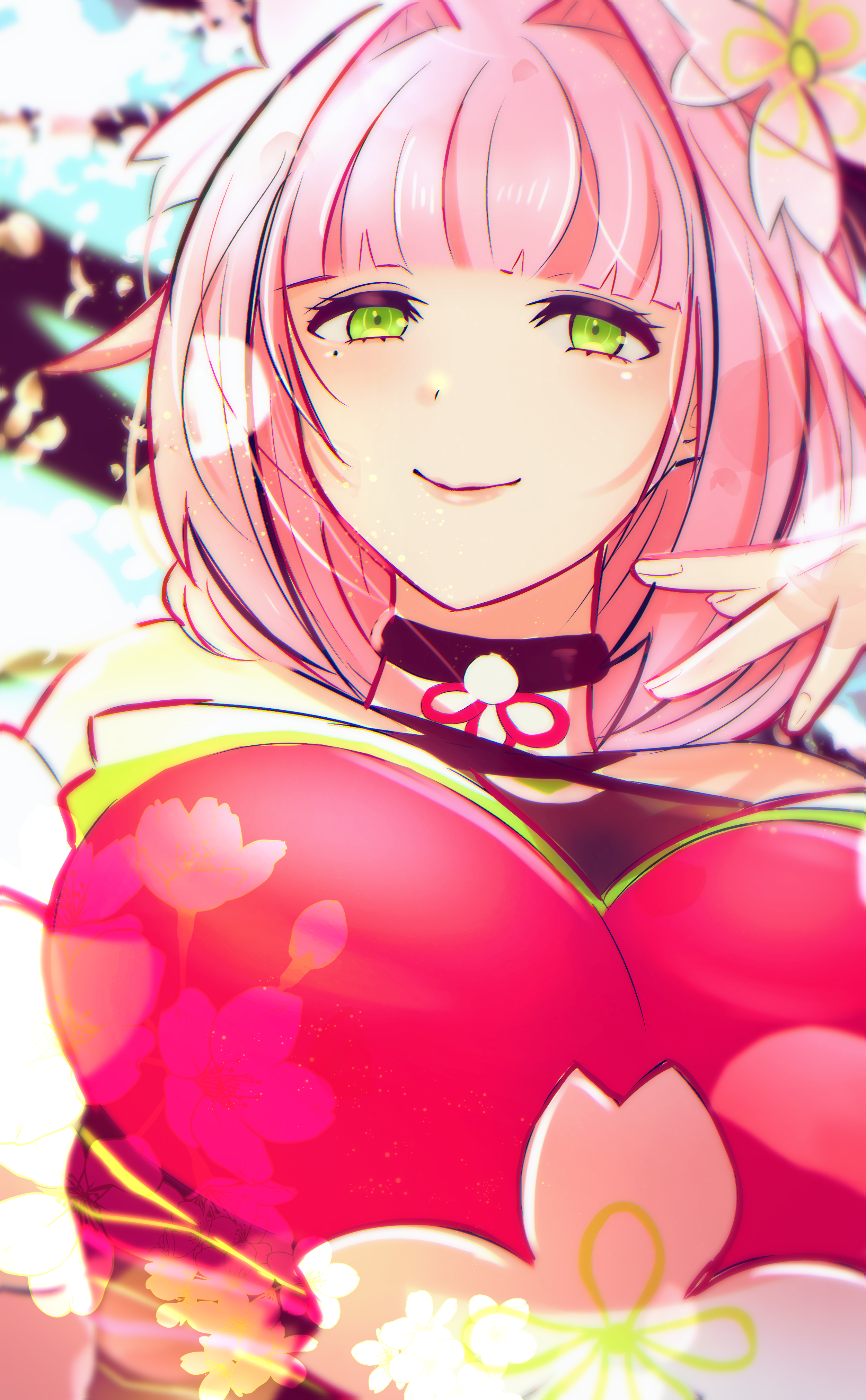 rune factory, rune factory: guardians of azuma, absurdres, highres, blunt bangs, breasts, flower, green eyes, hair flower, hair ornament, large breasts, looking at viewer, okame44emio, pink hair