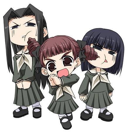 hosokawa kanako, matsudaira touko, nijou noriko, maria-sama ga miteru, lowres, 00s, 3girls, annoyed, black hair, bob cut, bow, brown hair, chibi, chibi only, drill, drill hair, hair bow, hair intakes, long hair, multiple girls, poking, school uniform, serafuku, simple background, standing, sweatdrop, twintails, v arms, very long hair, white background