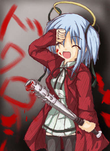 mitsukai dokuro, bokusatsu tenshi dokuro-chan, hand on forehead, 00s, 1girl, blood, blood on face, bloody weapon, blue hair, closed eyes, club, club (weapon), escaliborg, excalibolg, female focus, halo, kanabou, open mouth, solo, spiked club, thighhighs, weapon
