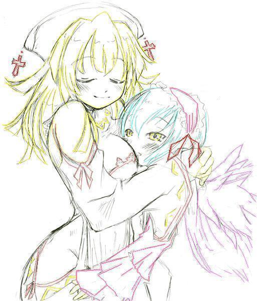 prier, suigintou, la pucelle, rozen maiden, traditional media, 00s, 2girls, blonde hair, blue hair, blush, breast smother, breasts, closed eyes, cross, crossover, face to breasts, hairband, latin cross, monochrome, multiple girls, sketch, smile, wings, yuri