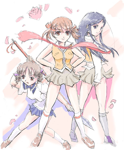 fukuzawa yumi, matsudaira touko, ogasawara sachiko, maria-sama ga miteru, my-hime, silver hair, 3girls, blue eyes, blue hair, brown eyes, brown hair, drill hair, hands on own hips, kneehighs, long hair, looking back, multiple girls, open mouth, orange eyes, parody, petals, pleated skirt, polearm, scarf, school uniform, serafuku, short hair, short twintails, skirt, smile, socks, spear, twin drills, twintails, vest, weapon, wind