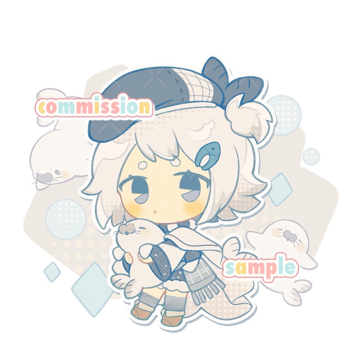 inomo (qimoshu), original, chinese commentary, commentary request, commission, highres, 1girl, :o, animal, black dress, black hat, blush, boots, brown boots, chibi, chibi only, dress, fish hair ornament, fold-over boots, full body, grey eyes, grey hair, grey thighhighs, hair ornament, hat, holding, holding animal, long sleeves, looking at viewer, open mouth, outline, sample watermark, seal (animal), short hair, simple background, solo, standing, thick eyebrows, thighhighs, watermark, white background, white outline, wide sleeves