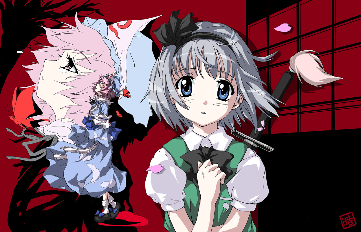 matsukura nemu, konpaku youmu, saigyouji yuyuko, touhou, silver hair, 2girls, blouse, blue dress, blue eyes, blush, bow, bowtie, dress, female focus, hair ribbon, hairband, hat, katana, multiple girls, pink eyes, pink hair, ribbon, shirt, shoes, short hair, socks, standing, sword, tears, triangular headpiece, vest, weapon, zoom layer