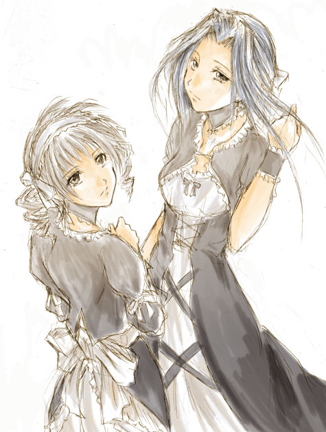raid slash, hosokawa kanako, matsudaira touko, maria-sama ga miteru, 00s, 2girls, alternate costume, blue hair, bow, brown eyes, cuffs, drill hair, enmaided, goth fashion, grey hair, jewelry, long sleeves, looking at viewer, maid, multiple girls, necklace, twin drills