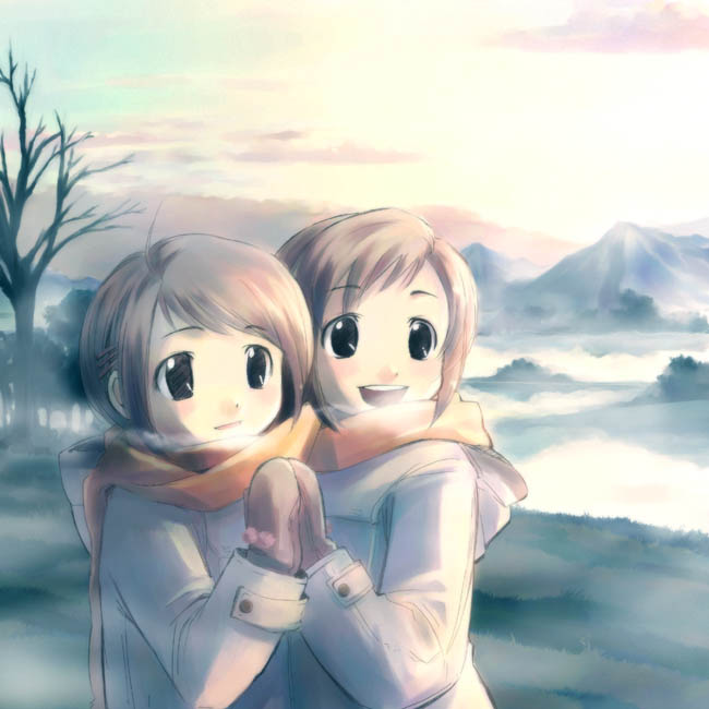ikeda jun (mizutamari), shiina hikaru, shiina tsubasa, figure 17, hands together, 00s, 2girls, :d, bare tree, black eyes, breath, brown hair, coat, gloves, mittens, multiple girls, nature, open mouth, outdoors, parted bangs, scarf, scenery, shared clothes, shared scarf, short hair, siblings, sisters, sky, smile, tree, twilight, twins, winter, winter clothes, winter coat