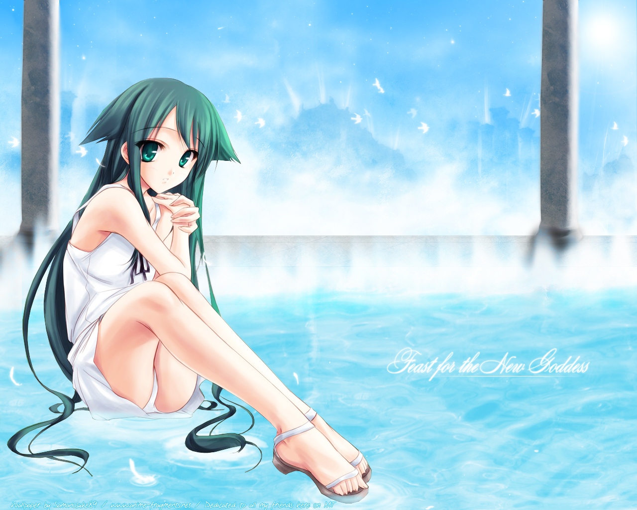 tenmaso, saya (saya no uta), saya no uta, third-party edit, 1girl, feathers, female focus, hair flaps, panties, pantyshot, sayanouta, sitting, solo, underwear, white panties