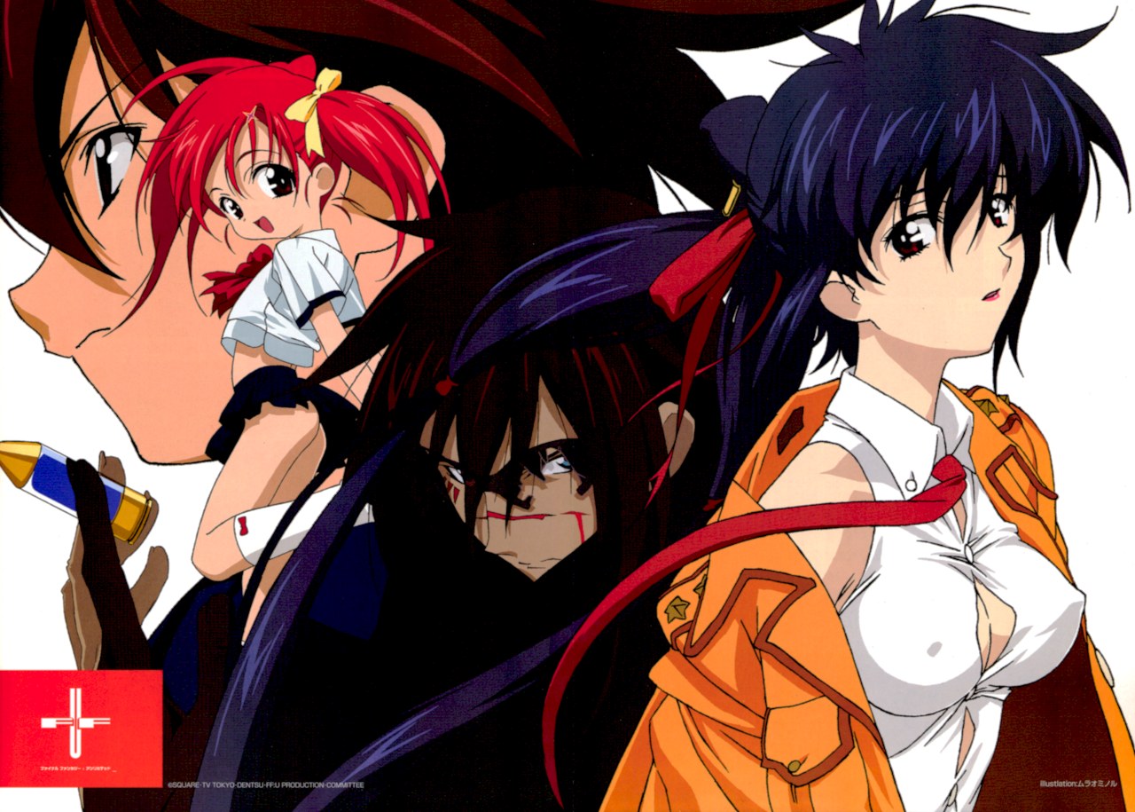 murao minoru, hayakawa ai, hayakawa yuu, kuroki kaze, lisa pacifist, final fantasy, final fantasy unlimited, official art, scan, scan artifacts, 00s, 1990s (style), 2boys, 2girls, ahoge, ass, bleeding, blood, blood on face, blue hair, breasts, cleavage, covered erect nipples, hair ribbon, injury, large breasts, lipstick, long hair, makeup, midriff, multiple boys, multiple girls, no panties, red hair, retro artstyle, ribbon, school uniform, serafuku, skirt, socks, wind, wind lift
