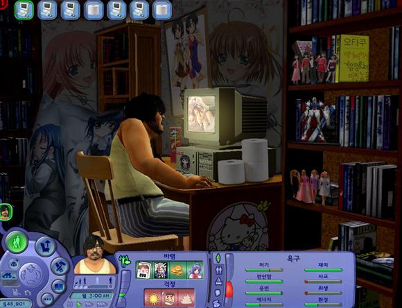 gundam, hello kitty, sanrio, duplicate, book, burger, chair, computer, computer keyboard, dvd (object), fake screenshot, food, korean text, male focus, on chair, otaku room, shelf, sitting, solo