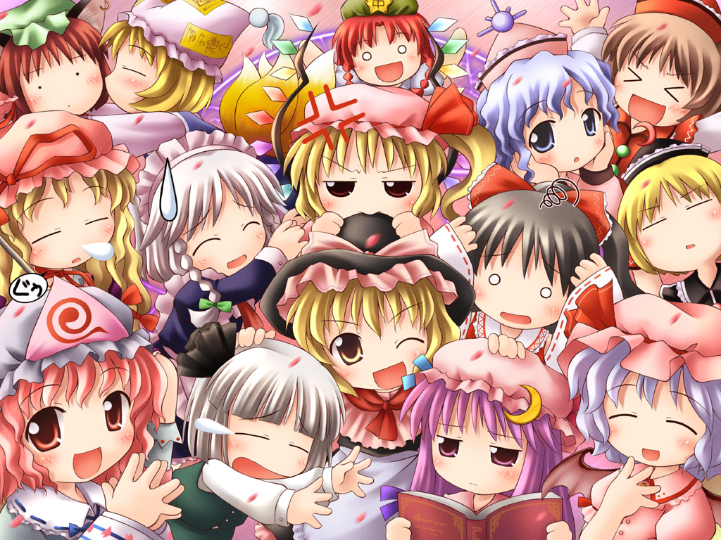 endo (3879622), chen, flandre scarlet, hakurei reimu, hong meiling, izayoi sakuya, kirisame marisa, konpaku youmu, lunasa prismriver, lyrica prismriver, merlin prismriver, patchouli knowledge, remilia scarlet, saigyouji yuyuko, yakumo ran, yakumo yukari, touhou, silver hair, bad id, bad pixiv id, > <, 6+girls, :d, ^ ^, anger vein, angry, animal ears, animal hat, apron, bat wings, black hair, blonde hair, blue eyes, blue hair, blush, book, bow, braid, brown hair, cat ears, cat girl, chibi, chibi only, china dress, chinese clothes, closed eyes, crescent, detached sleeves, dress, earrings, everyone, expressive clothes, female focus, fox tail, hair bow, hairband, hands on own cheeks, hands on own face, hands on own head, hat, hat bow, japanese clothes, jewelry, kiss, long hair, long sleeves, maid, maid apron, maid headdress, mob cap, multiple girls, multiple tails, neckerchief, night clothes, nose bubble, o o, one eye closed, open book, open mouth, pink eyes, pink hair, purple eyes, purple hair, reading, red eyes, red hair, ribbon-trimmed sleeves, ribbon trim, short hair, siblings, side ponytail, sidelocks, sisters, sleeping, smile, spiral, star (symbol), steepled fingers, sweatdrop, tail, teardrop, triangular headpiece, twin braids, waist apron, wide sleeves, wings, wink, witch hat