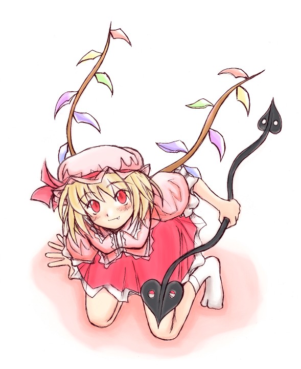 flandre scarlet, embodiment of scarlet devil, touhou, 1girl, alternate wings, arm support, blonde hair, blouse, blush, crystal wings, fang, female focus, hat, kneeling, laevatein, looking at viewer, mob cap, red eyes, shirt, short hair, skirt, smile, socks, solo, squatting, wings