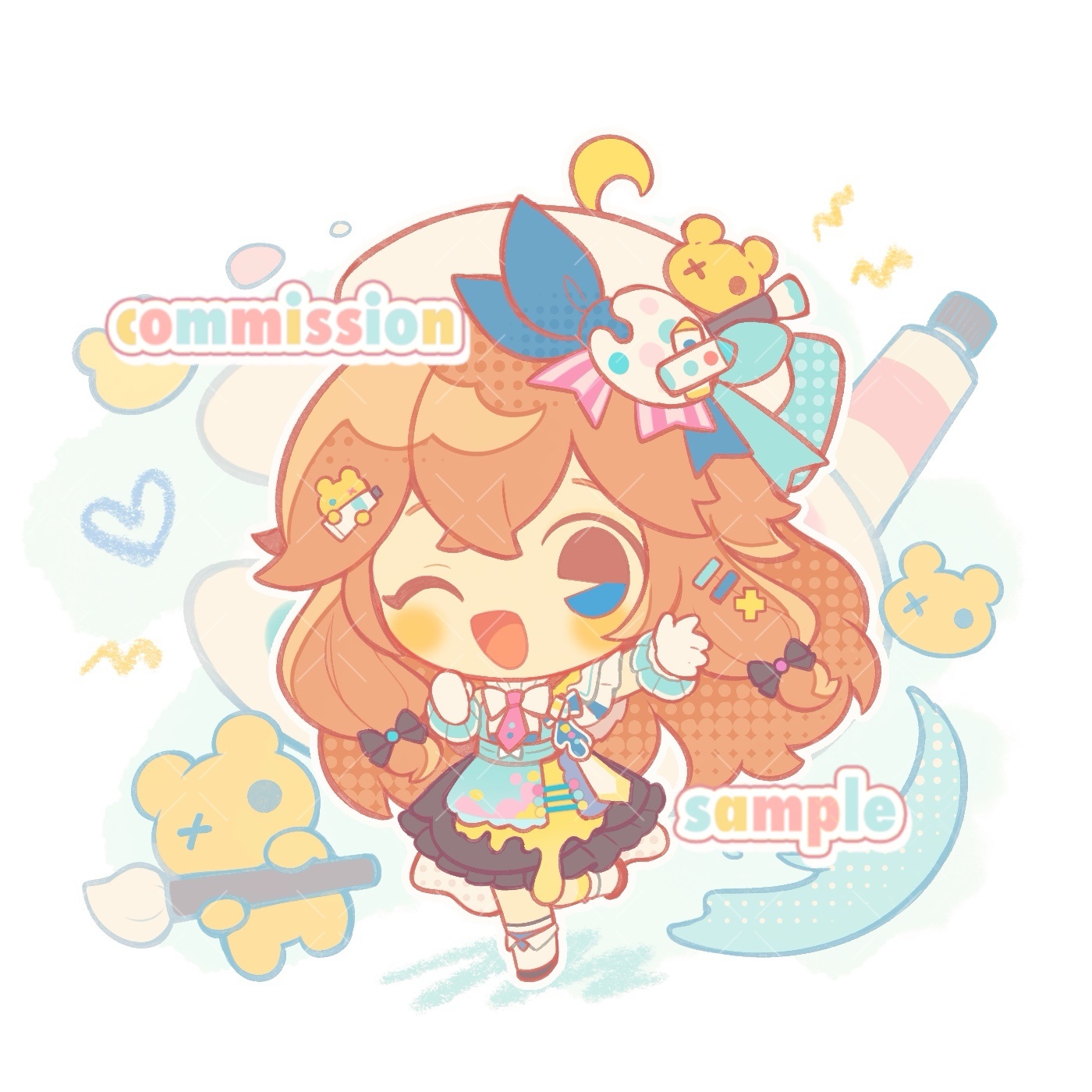 inomo (qimoshu), original, chinese commentary, commentary request, highres, 1girl, ;d, apron, art brush, black shoes, black skirt, blue apron, blue eyes, blush, brown hair, chibi, chibi only, double-parted bangs, frilled skirt, frills, full body, hat, long hair, looking at viewer, one eye closed, open mouth, outstretched arm, paint tube, paintbrush, shirt, shoes, simple background, skirt, smile, socks, solo, standing, standing on one leg, white background, white hat, white shirt, white socks, wrist cuffs
