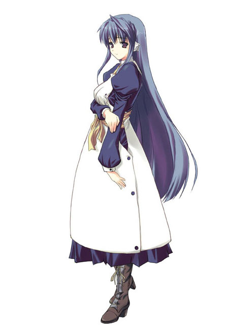 ilfa (to heart), to heart (series), to heart 2, 00s, 1girl, blue hair, boots, female focus, full body, high heel boots, high heels, long hair, robot ears, simple background, skirt, solo, standing, very long hair