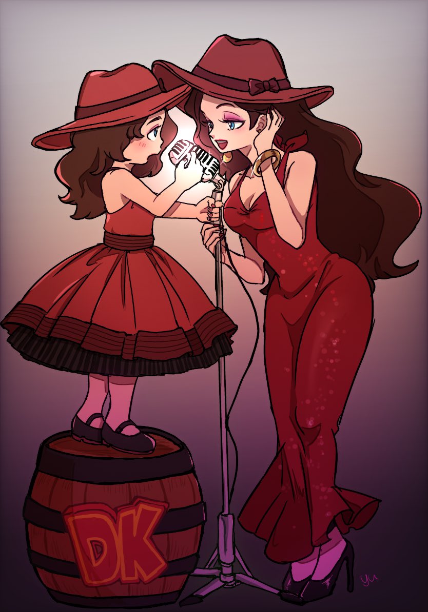 agua mp, pauline (mario), pauline (young) (mario), donkey kong (series), donkey kong bananza, mario (series), nintendo, super mario odyssey, 2girls, barrel, blue eyes, brown hair, dress, dual persona, hat, high heels, in-franchise crossover, microphone, microphone stand, multiple girls, multiple persona, music, official alternate costume, red dress, red hat, singing, sleeveless, sleeveless dress, standing on barrel, standing on object, time paradox