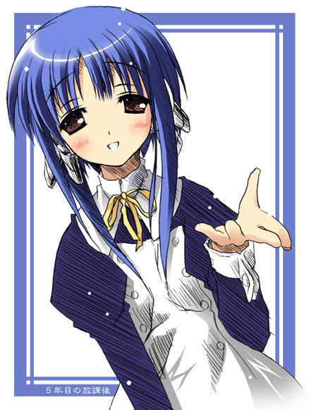 kantoku, ilfa (to heart), to heart (series), to heart 2, 00s, 1girl, blue hair, blush, female focus, looking at viewer, open mouth, outstretched hand, robot ears, short hair with long locks, solo
