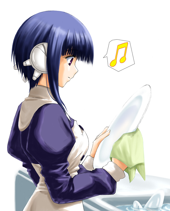 ilfa (to heart), to heart (series), to heart 2, 00s, 1girl, beamed quavers, blue hair, dishwashing, female focus, long sleeves, musical note, plate, profile, purple eyes, robot ears, short hair, short hair with long locks, sink, smile, solo, spoken musical note, towel, water