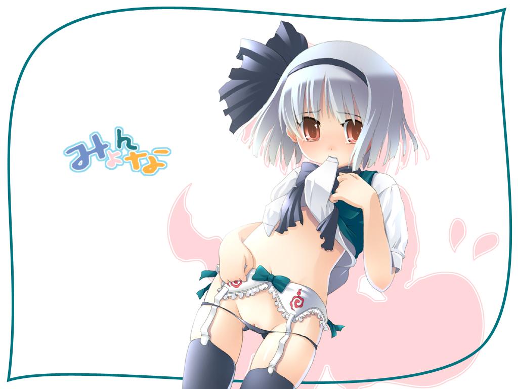 konpaku youmu, konpaku youmu (ghost), touhou, artist request, jpeg artifacts, 1girl, bad anatomy, black panties, black thighhighs, female focus, garter belt, hitodama, lingerie, loli, looking at viewer, lowleg, lowleg panties, mouth hold, myon (phrase), panties, partially visible vulva, pussy, short hair, solo, thighhighs, uncensored, underwear
