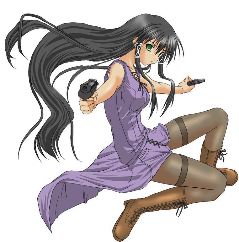 tatsumiya mana, mahou sensei negima!, artist request, 00s, 1girl, black hair, black pantyhose, boots, dual wielding, female focus, from side, green eyes, gun, hair tubes, handgun, holding, lace-up boots, long hair, looking at viewer, pantyhose, pistol, semi-automatic pistol, sidelocks, simple background, solo, thighband pantyhose, very long hair, weapon, white background