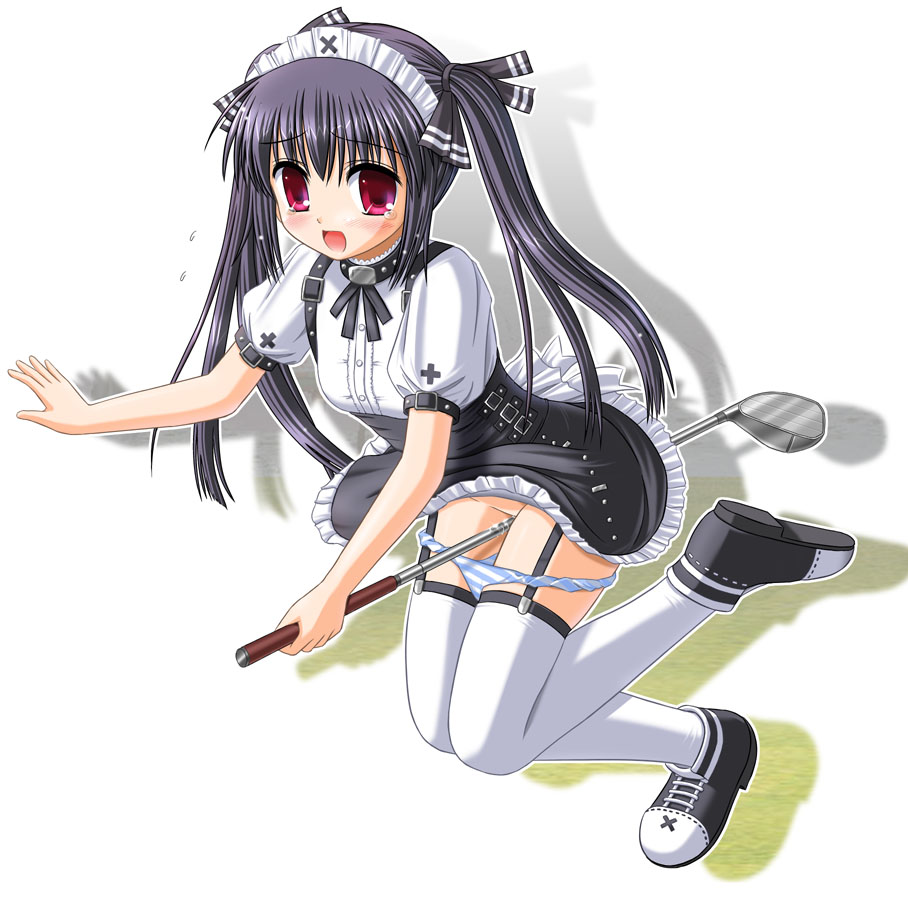 ibe (modakan), kooh (pangya), pangya, 1girl, black hair, blush, clothed masturbation, crotch rub, female focus, female masturbation, flying teardrops, garter belt, golf, golf club, lingerie, loli, long hair, masturbation, open mouth, panties, panty pull, pussy juice, red eyes, ribbon, solo, strap, striped clothes, striped panties, tears, thighhighs, twintails, underwear, white thighhighs