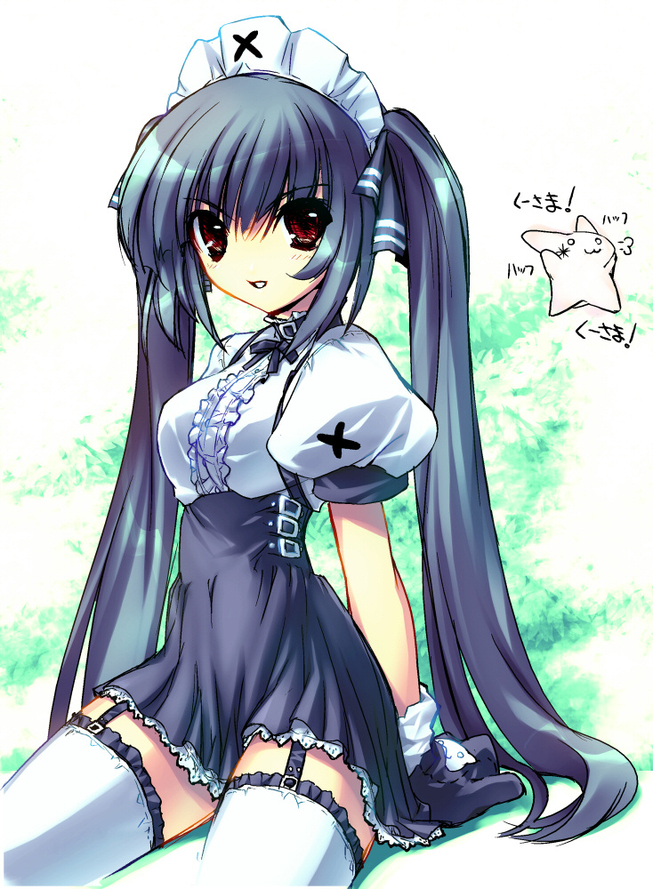 ein (artist), ein (long cake), kooh (pangya), pangya, 1girl, blue hair, female focus, frilled thighhighs, frills, garter belt, gloves, gothic lolita, lolita fashion, long hair, looking at viewer, no nose, o o, parted lips, red eyes, sitting, solo, thighhighs, twintails, white thighhighs, zettai ryouiki